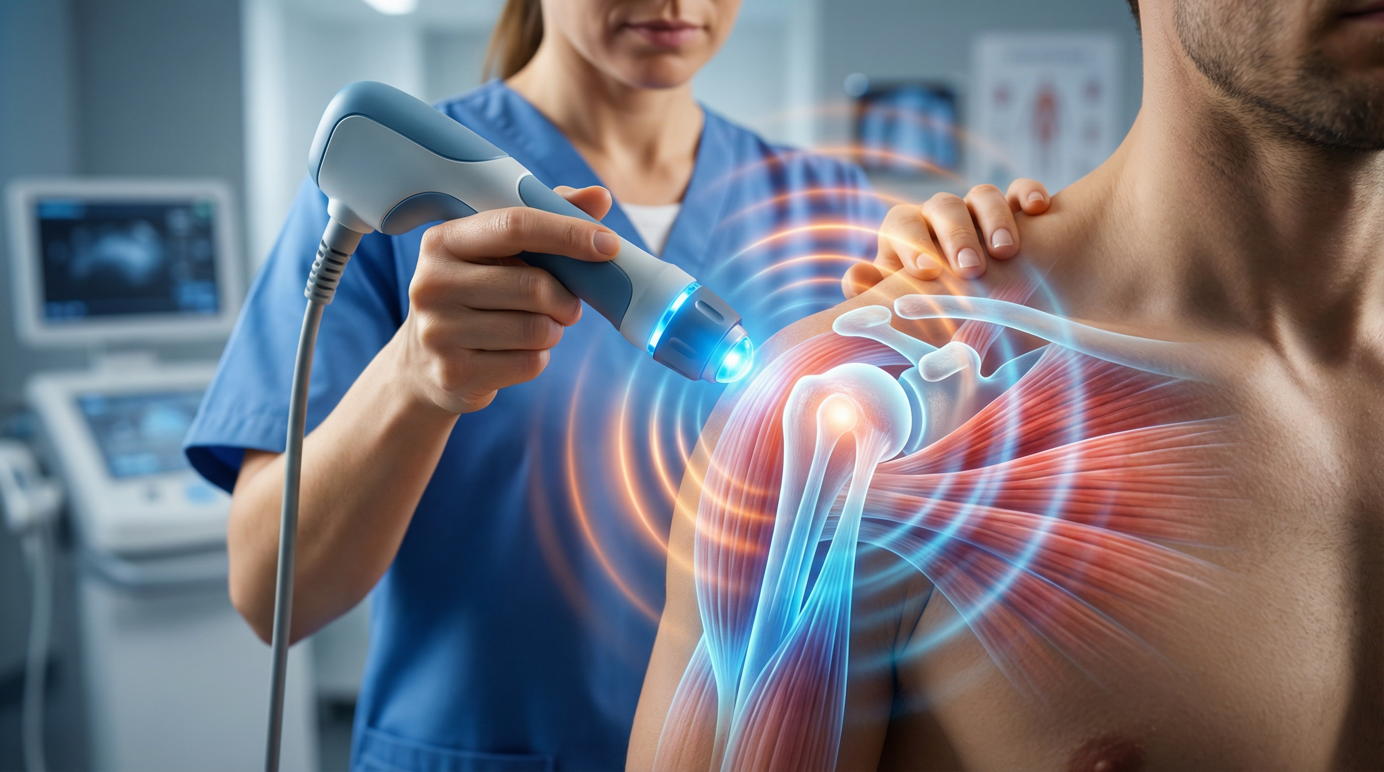 Tecnologia avançada de tratamento no ombro mostrando anatomia interna